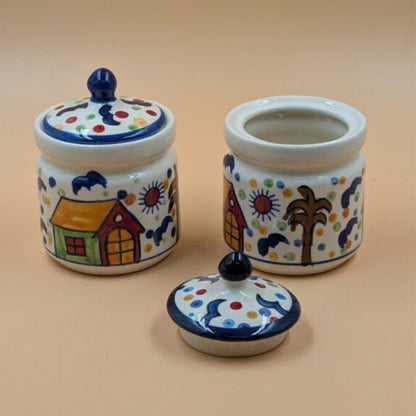 Ceramic Mini Jars with Lid - Village Huts & Palm Tree Motif