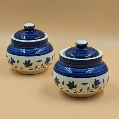 Ceramic Small Round Jars with Lid - Blue Floral Pottery