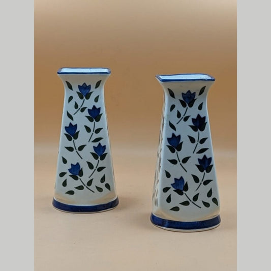 Flower Vase (19 cm) - Set of 2 Tapered Bud Vases Blue Floral Vine Pattern