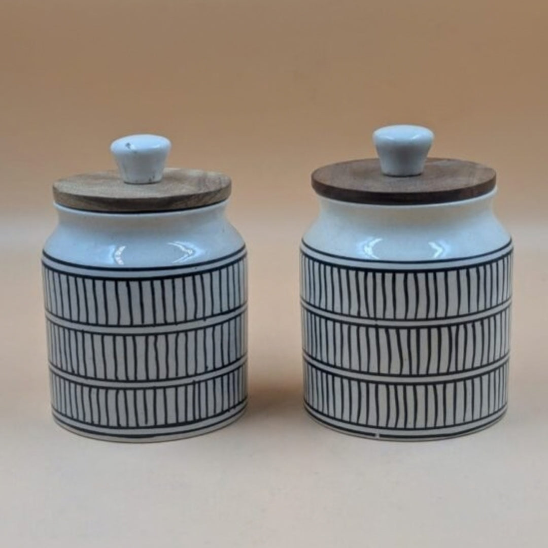 Airtight Jars with Wooden Lid - Black Lines Geometric Pattern