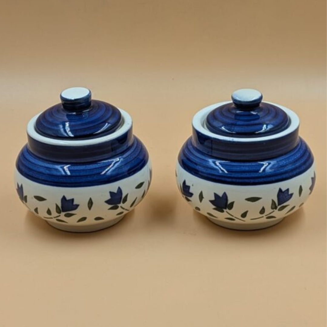 Ceramic Small Round Jars with Lid - Blue Floral Pottery