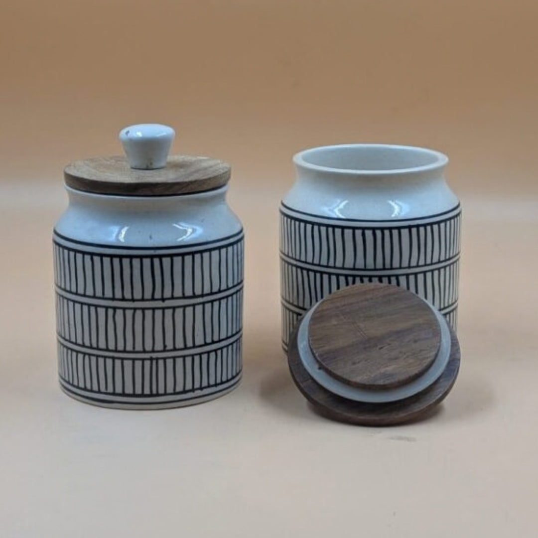 Airtight Jars with Wooden Lid - Black Lines Geometric Pattern