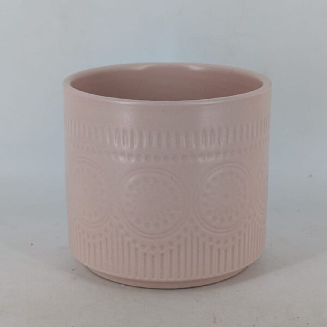 Planter - Pastel Blush Pink Cylindrical Pot, Embossed Mandala Pattern
