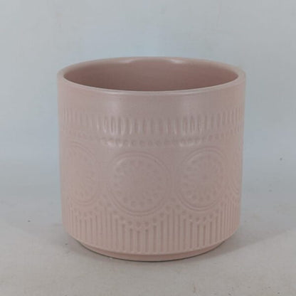 Planter - Pastel Blush Pink Cylindrical Pot, Embossed Mandala Pattern