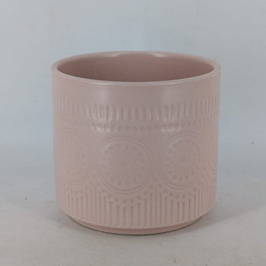 Planter - Pastel Blush Pink Cylindrical Pot, Embossed Mandala Pattern