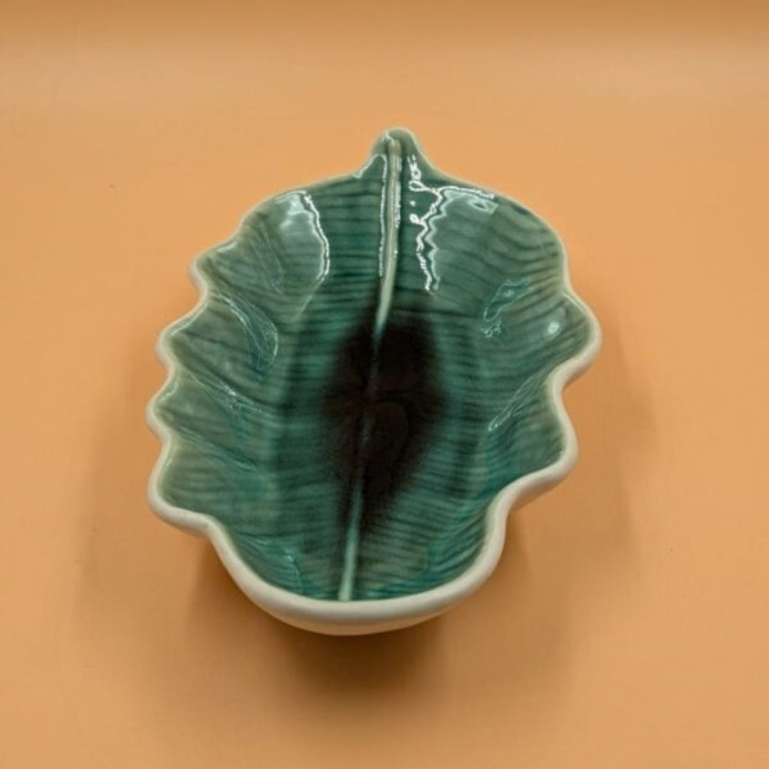 Platter - Wavy Edge Leaf Shape Teal Glazed