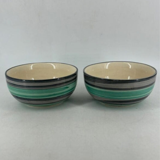 Ceramic Serving Bowls Set - Mint Green & Grey Striped