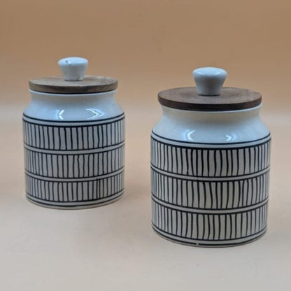 Airtight Jars with Wooden Lid - Black Lines Geometric Pattern