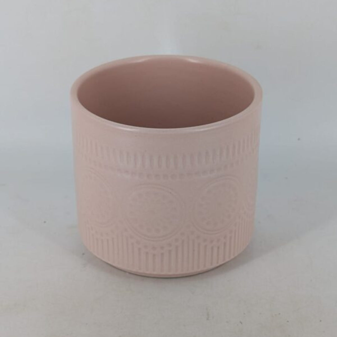 Planter - Pastel Blush Pink Cylindrical Pot, Embossed Mandala Pattern