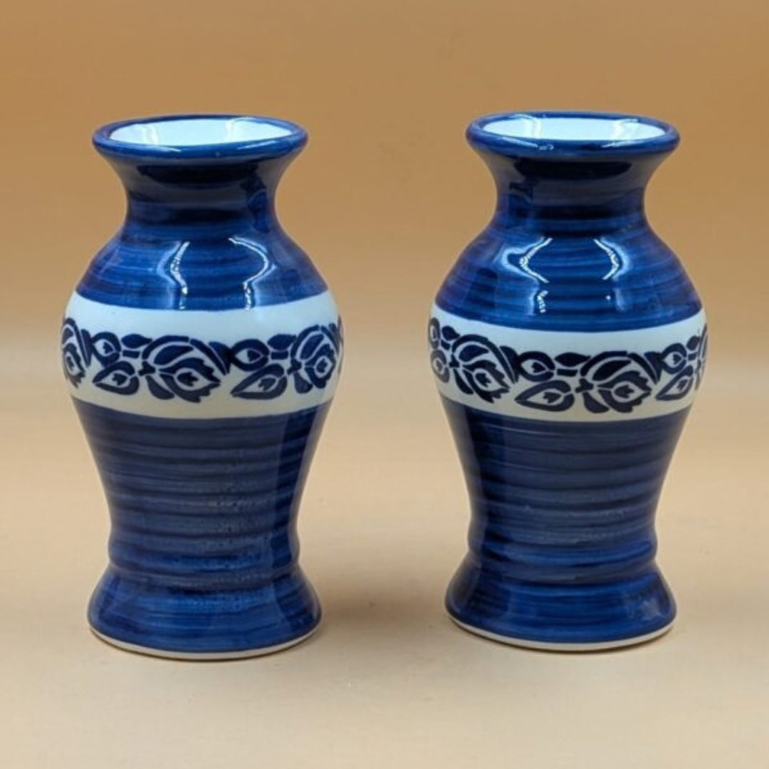 Flower Vase (17 cm) - Set of 2 Vases Blue Brushstroke & Floral Band