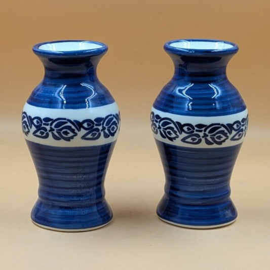 Flower Vase (17 cm) - Set of 2 Vases Blue Brushstroke & Floral Band