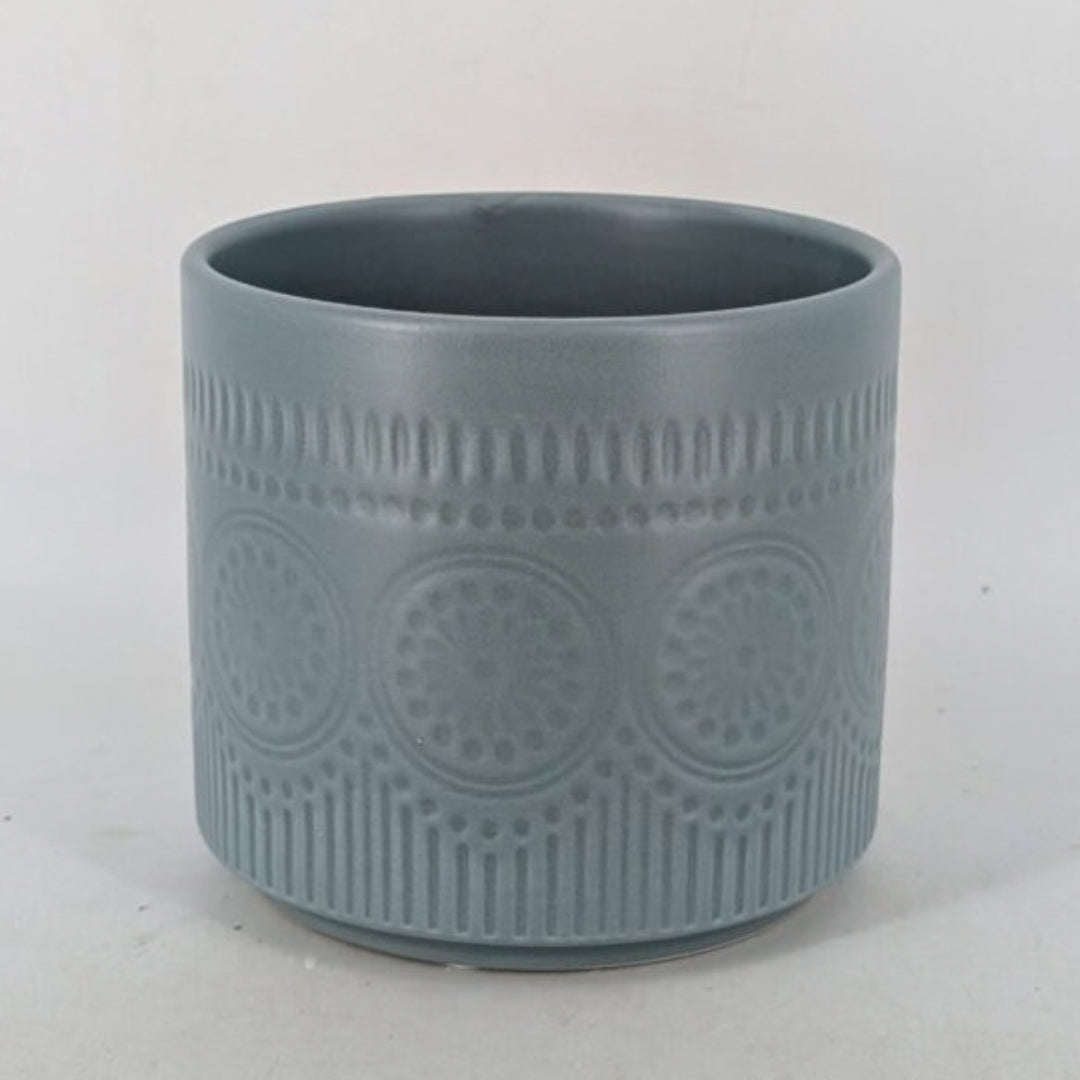 Planter - Slate Grey Cylindrical Pot, Embossed Mandala Pattern