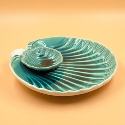 Platter with Built-in Dip Bowl - Seashell / Chip & Dip Shape Teal Aqua Blue Glazed