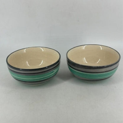 Ceramic Serving Bowls Set - Mint Green & Grey Striped