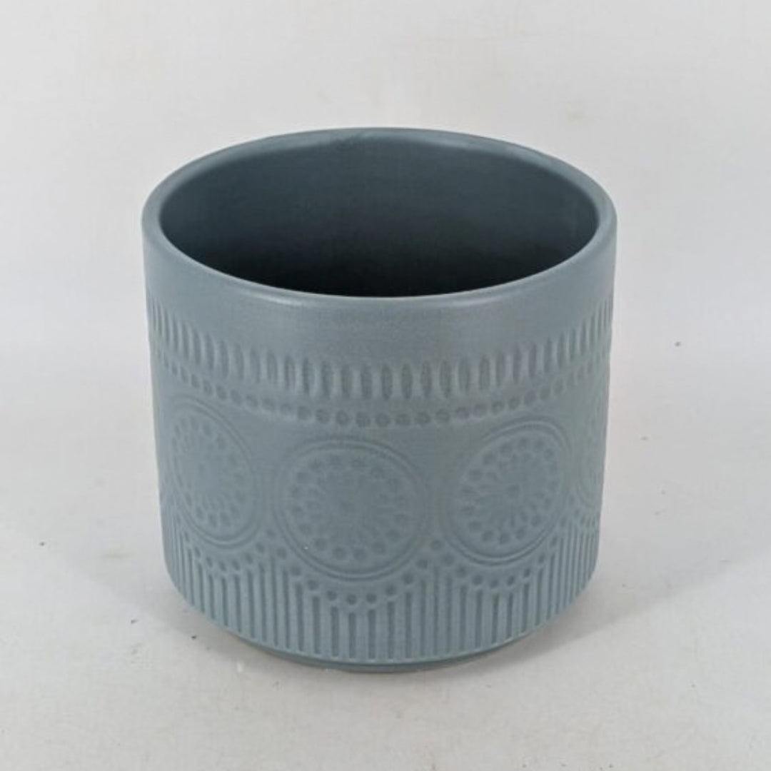 Planter - Slate Grey Cylindrical Pot, Embossed Mandala Pattern