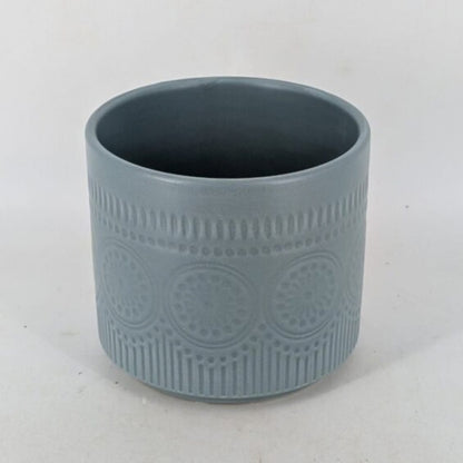 Planter - Slate Grey Cylindrical Pot, Embossed Mandala Pattern