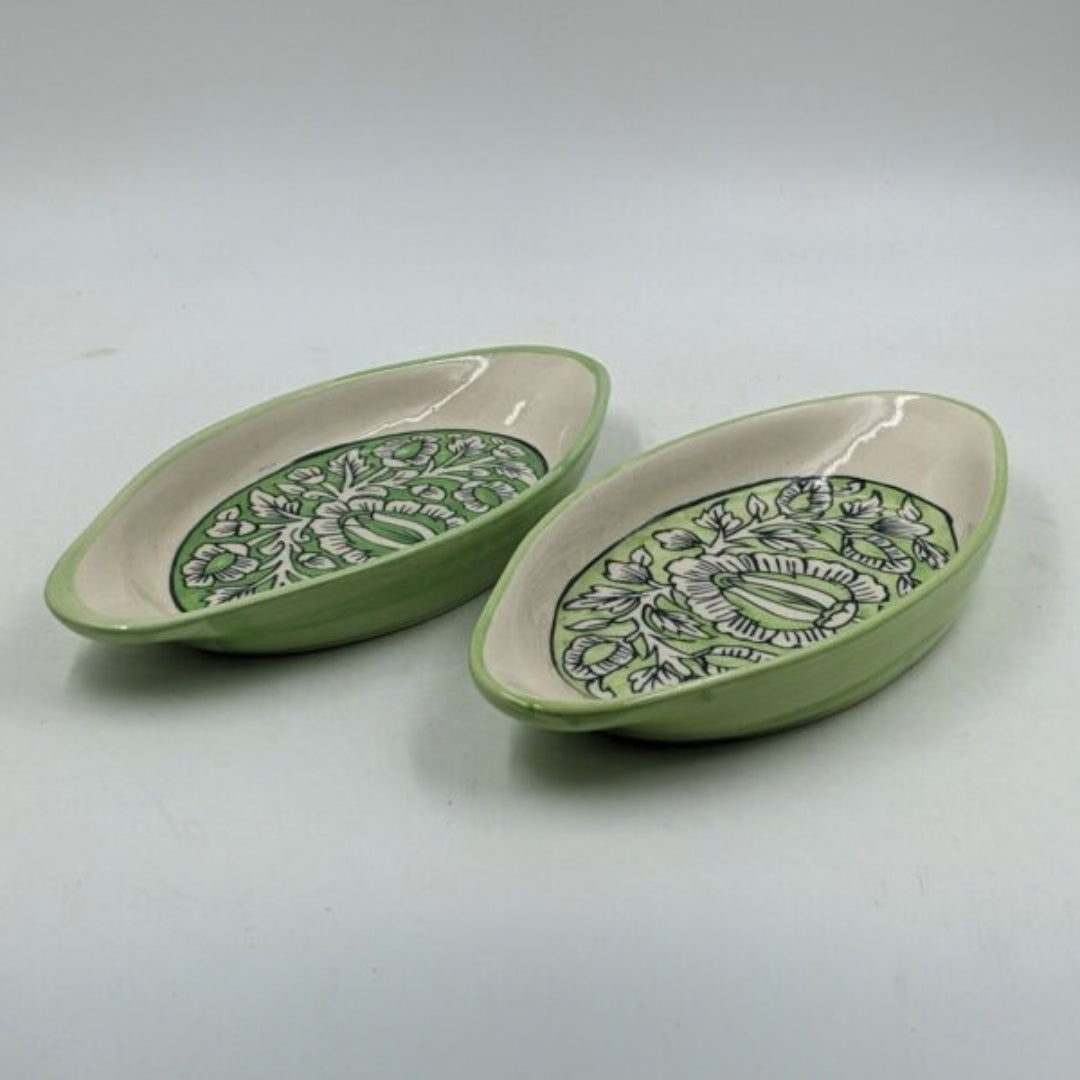 Platter Set of 2 - Boat Shaped Green Floral Pattern