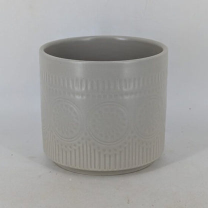 Planter - Light Grey Cylindrical Pot, Embossed Mandala Pattern