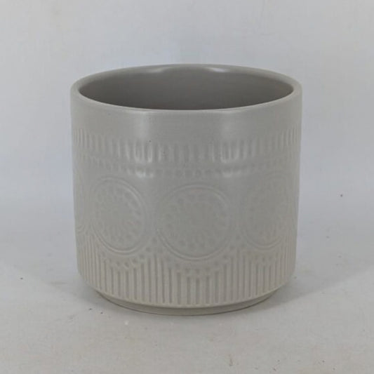 Planter - Light Grey Cylindrical Pot, Embossed Mandala Pattern