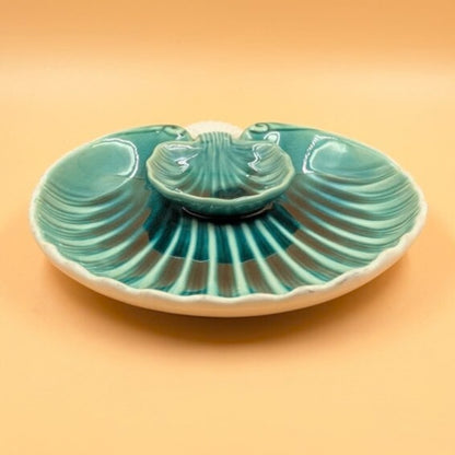 Platter with Built-in Dip Bowl - Seashell / Chip & Dip Shape Teal Aqua Blue Glazed