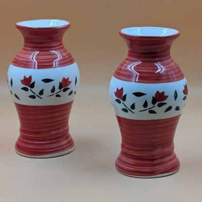 Flower Vase (17 cm) - Set of 2 Vases Crimson Red Brushstroke & Floral Band