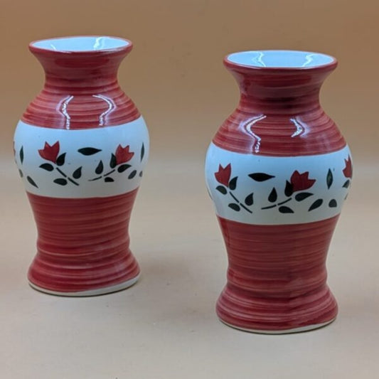 Flower Vase (17 cm) - Set of 2 Vases Crimson Red Brushstroke & Floral Band
