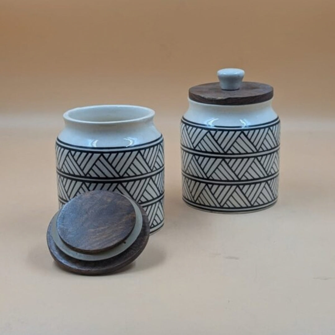 Airtight Jars with Wooden Lid - Black Geometric Chevron / Hatch Pattern