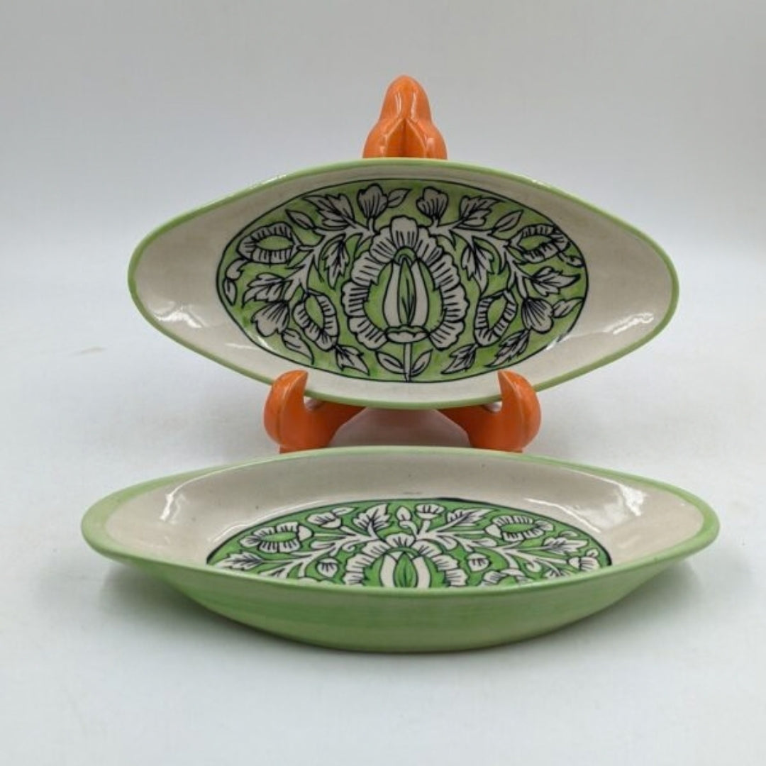 Platter Set of 2 - Boat Shaped Green Floral Pattern