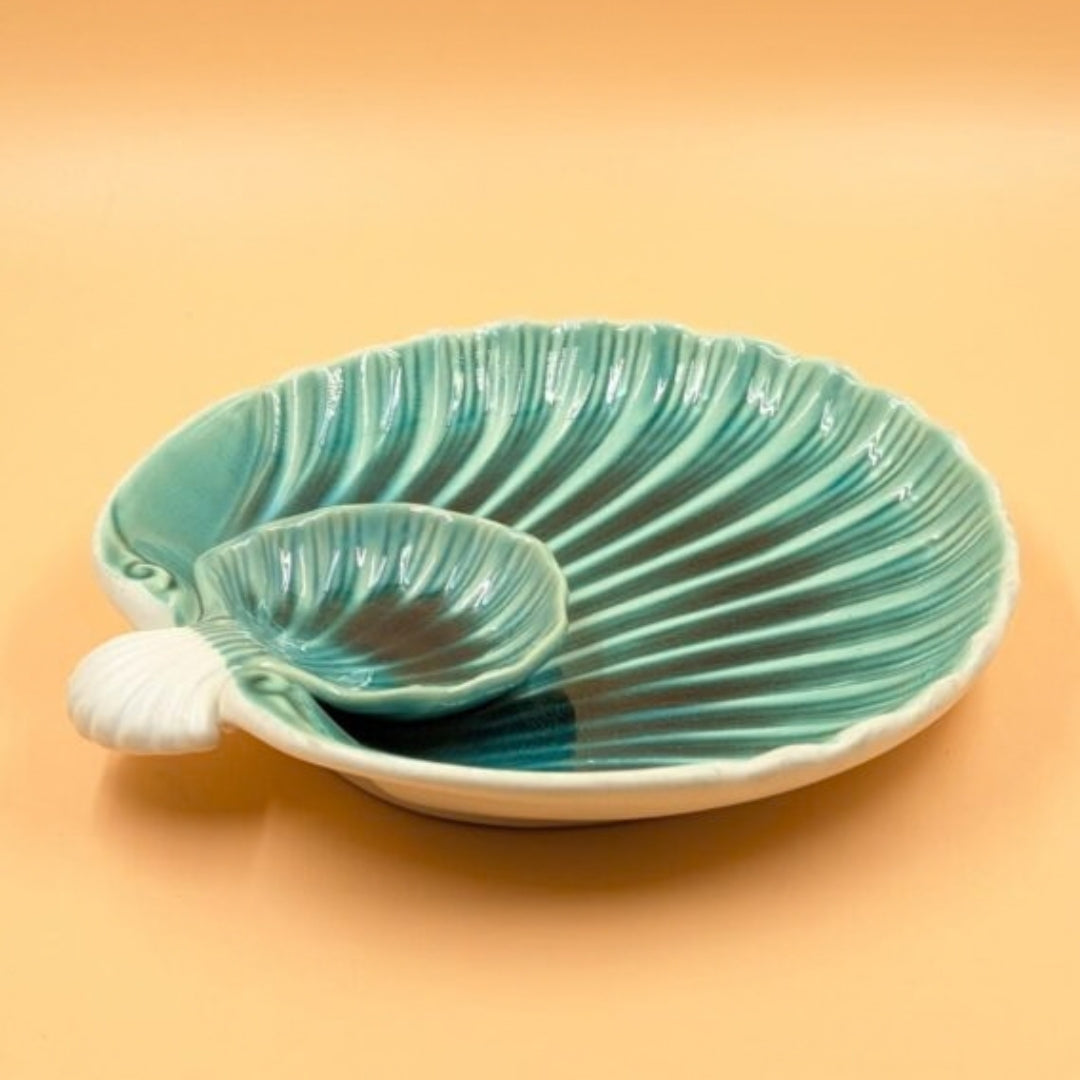 Platter with Built-in Dip Bowl - Seashell / Chip & Dip Shape Teal Aqua Blue Glazed