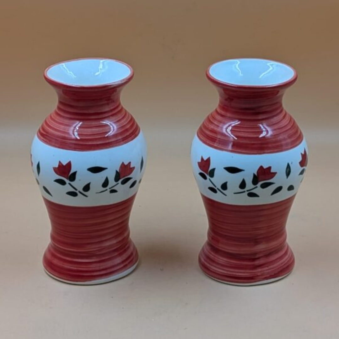 Flower Vase (17 cm) - Set of 2 Vases Crimson Red Brushstroke & Floral Band