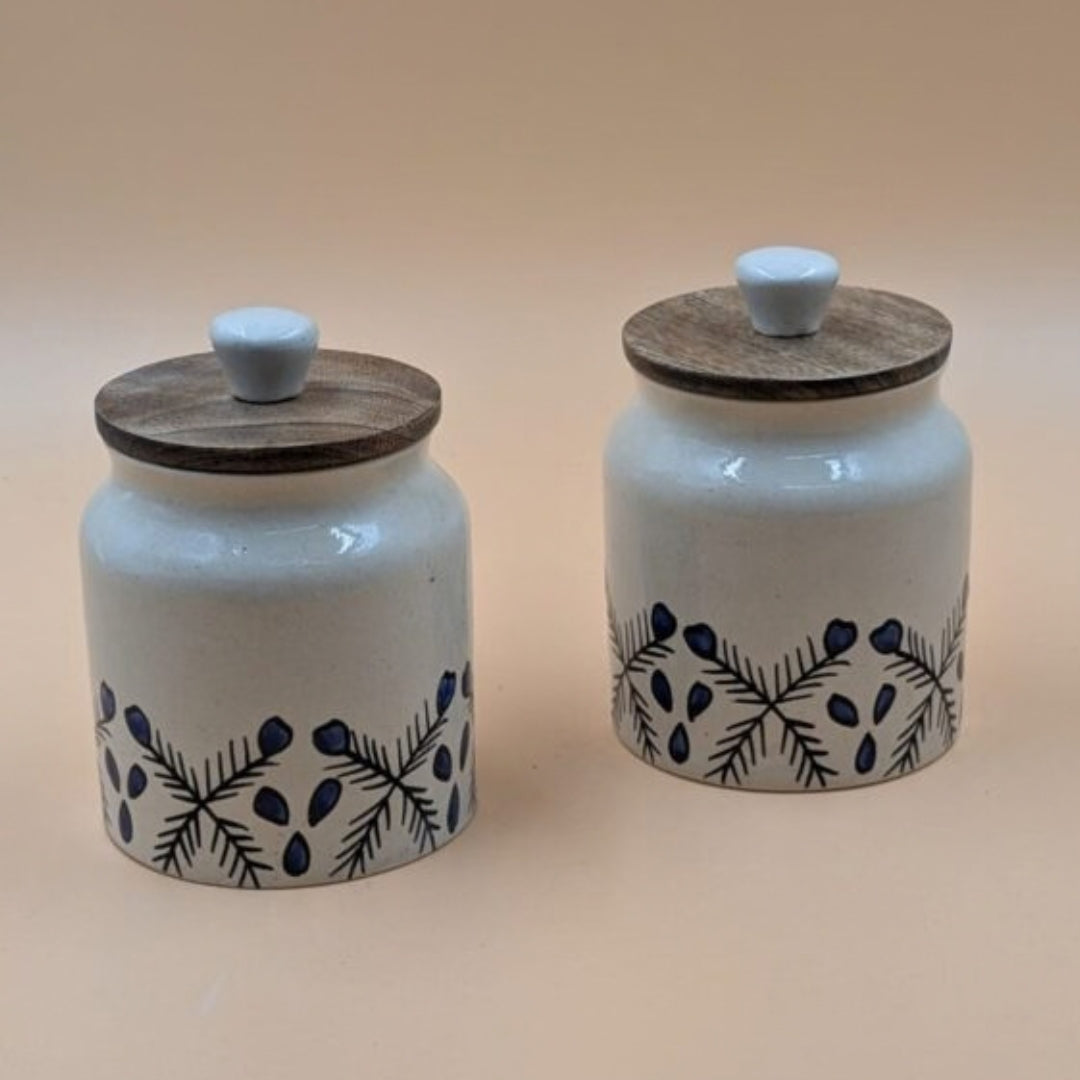 Airtight Jars with Wooden Lid - Blue Flowers Motif