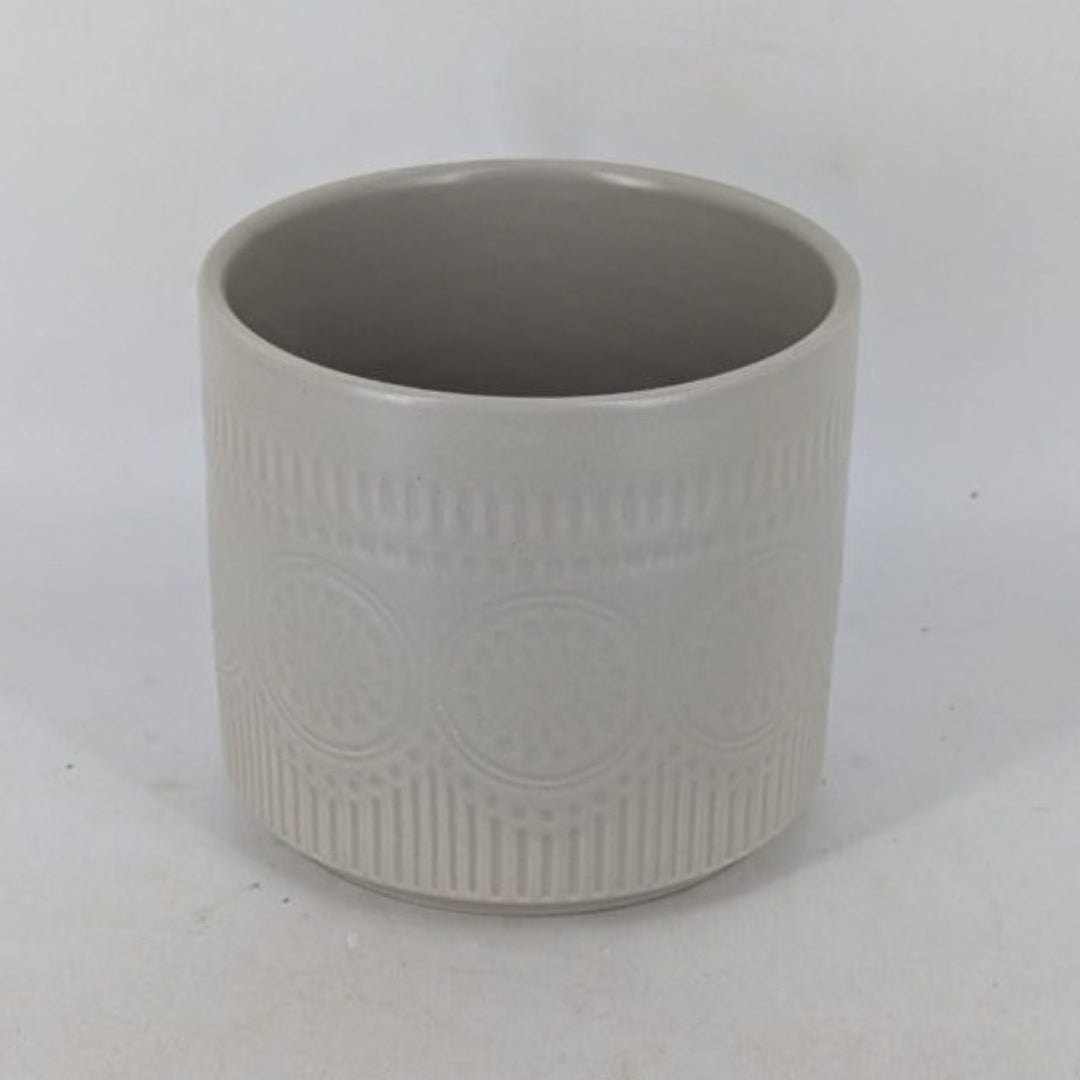 Planter - Light Grey Cylindrical Pot, Embossed Mandala Pattern