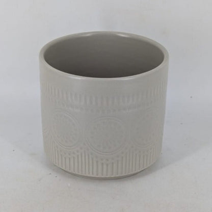 Planter - Light Grey Cylindrical Pot, Embossed Mandala Pattern