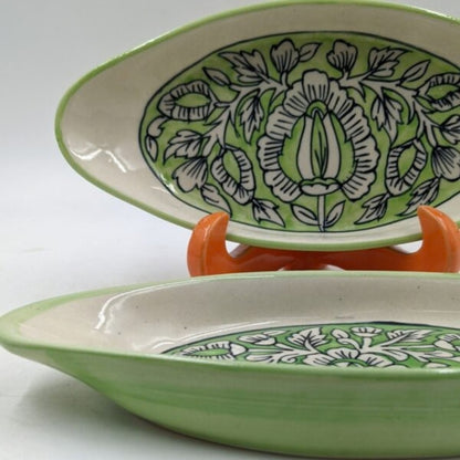 Platter Set of 2 - Boat Shaped Green Floral Pattern