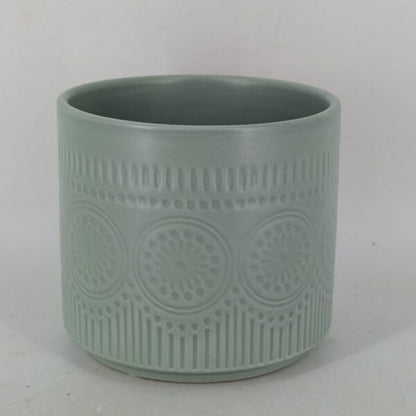 Planter - Sage Green Cylindrical Pot, Embossed Mandala Pattern