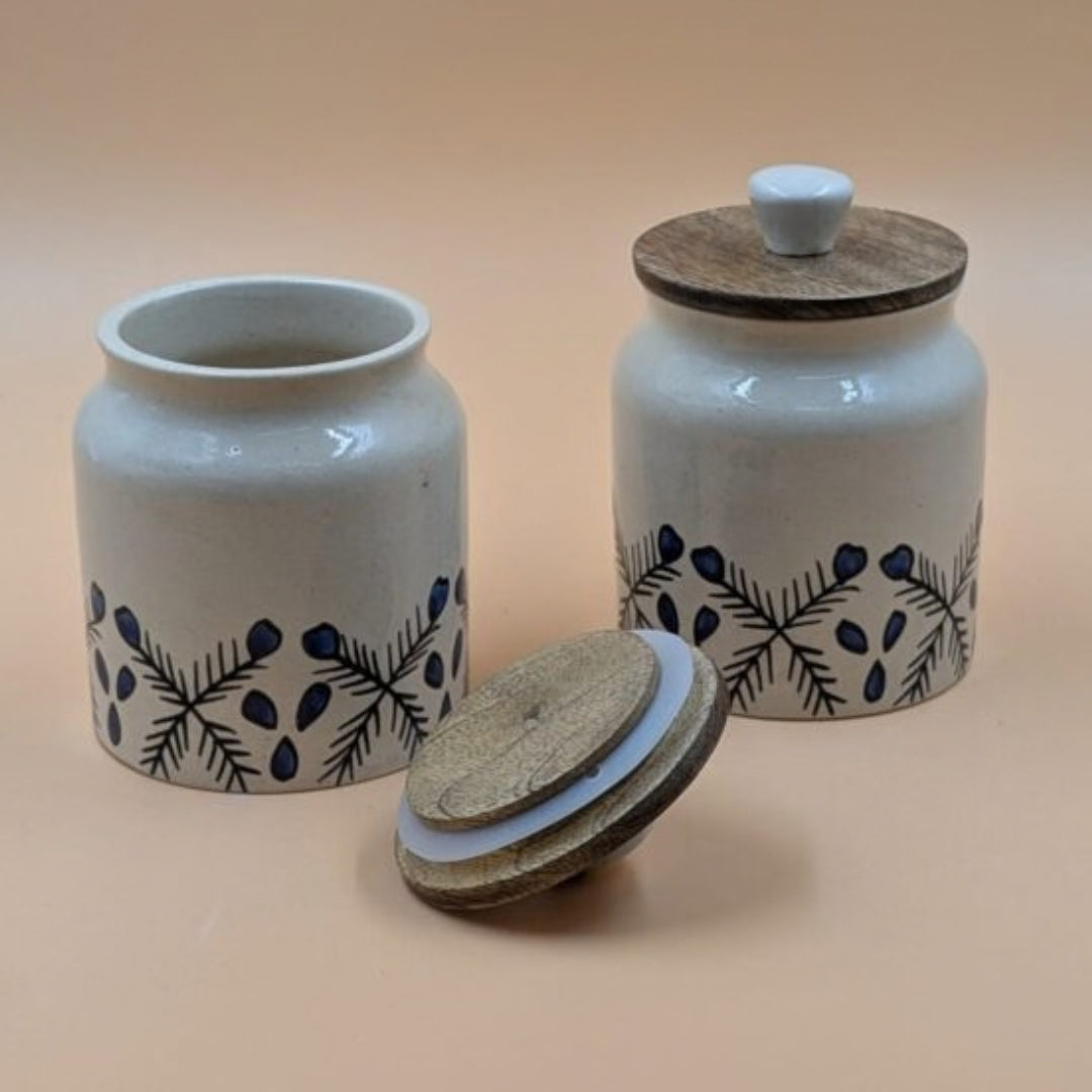 Airtight Jars with Wooden Lid - Blue Flowers Motif
