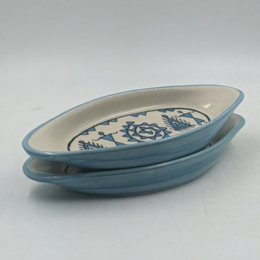 Platter Set of 2 - Boat Shaped Handpainted Blue Tribal Pattern