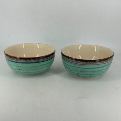 Ceramic Serving Bowls - Turquoise Aqua & Brown Rim Striated