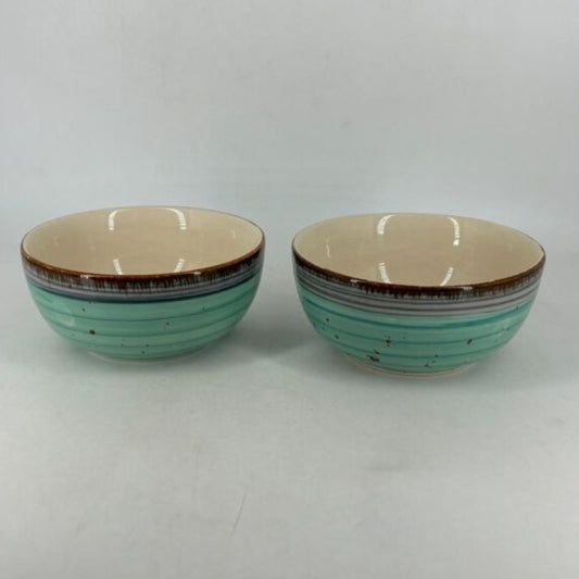 Ceramic Serving Bowls - Turquoise Aqua & Brown Rim Striated