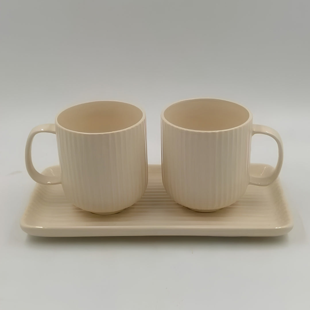 Mugs with Tray - 2 Mugs with Tray, Off-White / Cream