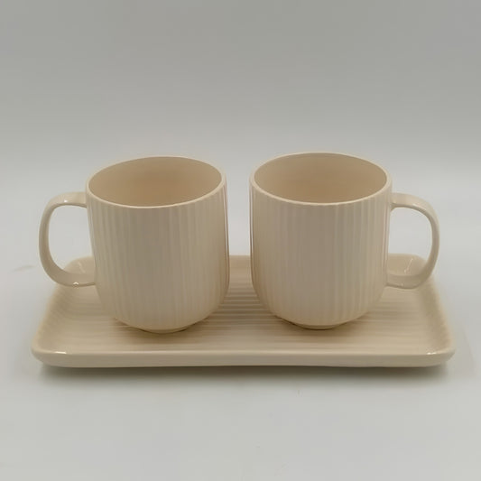 Mugs with Tray - 2 Mugs with Tray, Off-White / Cream