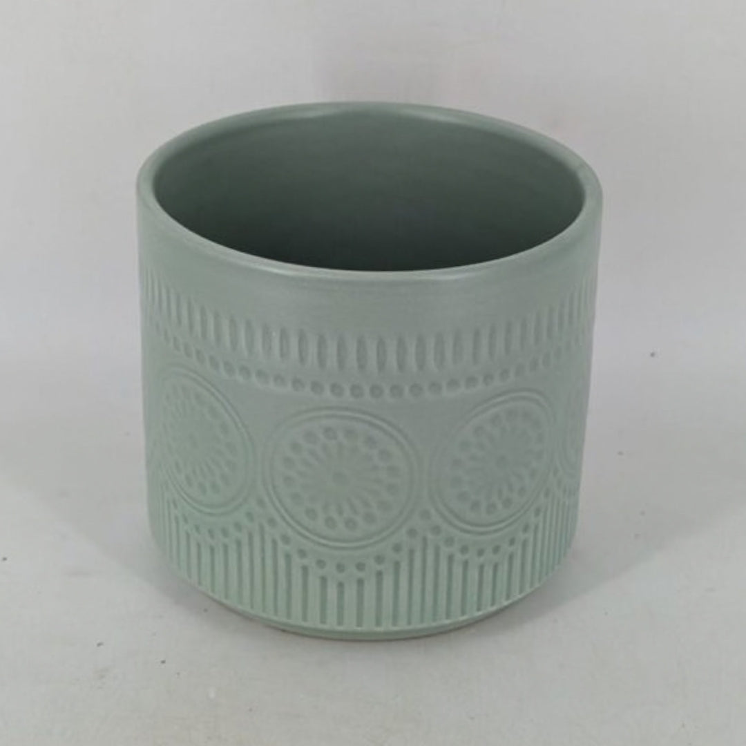 Planter - Sage Green Cylindrical Pot, Embossed Mandala Pattern