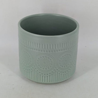 Planter - Sage Green Cylindrical Pot, Embossed Mandala Pattern