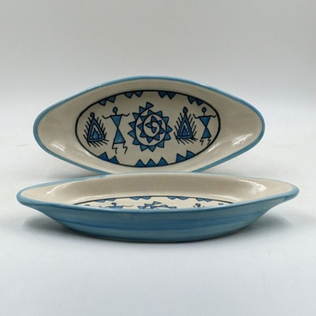 Platter Set of 2 - Boat Shaped Handpainted Blue Tribal Pattern