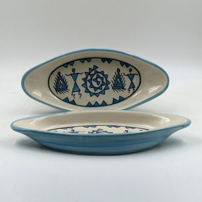 Platter Set of 2 - Boat Shaped Handpainted Blue Tribal Pattern