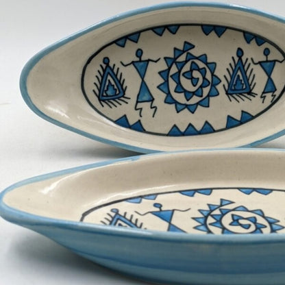 Platter Set of 2 - Boat Shaped Handpainted Blue Tribal Pattern