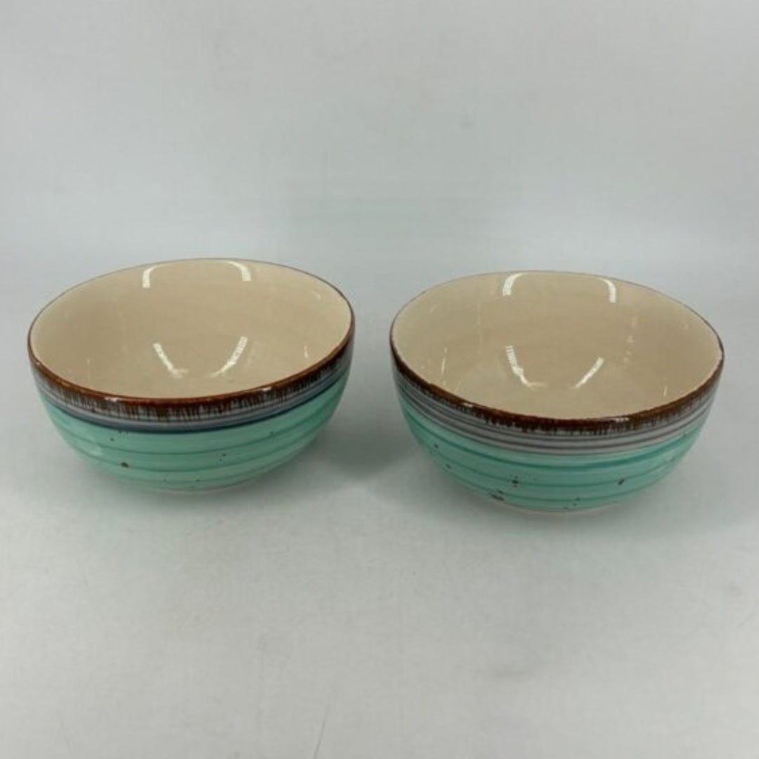 Ceramic Serving Bowls - Turquoise Aqua & Brown Rim Striated