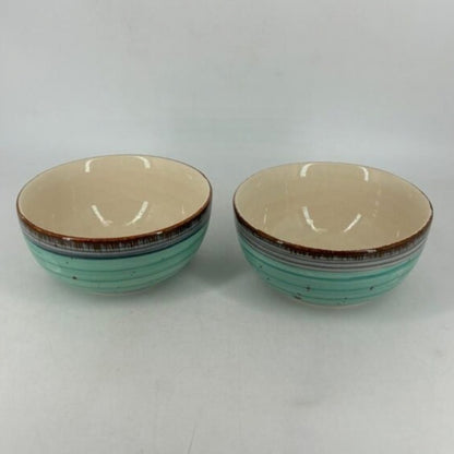 Ceramic Serving Bowls - Turquoise Aqua & Brown Rim Striated