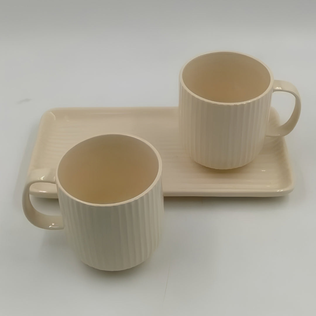 Mugs with Tray - 2 Mugs with Tray, Off-White / Cream