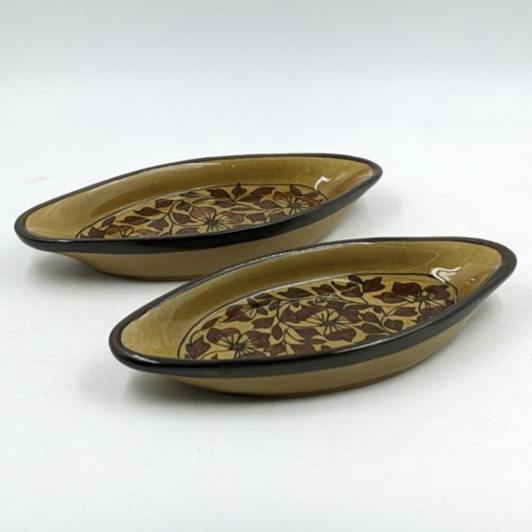 Platter Set of 2 - Boat Shaped Brown Floral Pattern